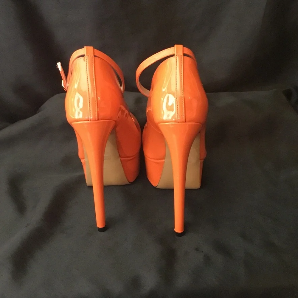 High Gloss Orange Platform Ankle-Strap Pumps for Women